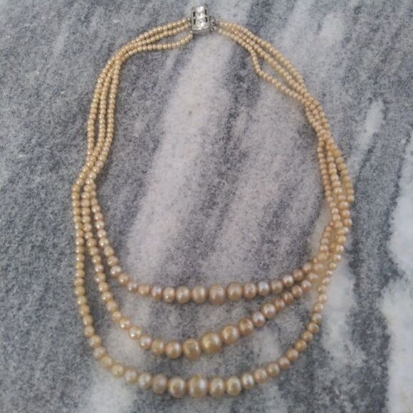 Vintage Three Strand Graduated Faux Pearl Necklace with Rhinestone Box Clasp - Picture 5 of 5